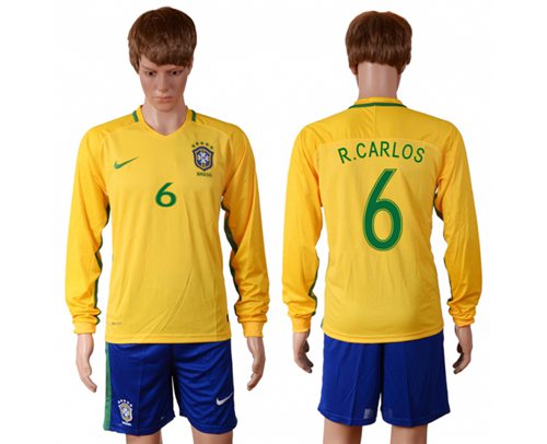 Brazil #6 R.Carlos Home Long Sleeves Soccer Country Jersey - Click Image to Close